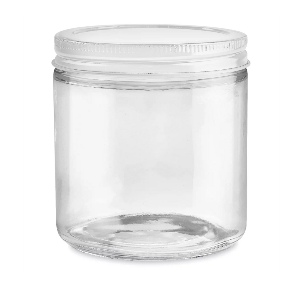 picture of a 16oz glass jar with white lid