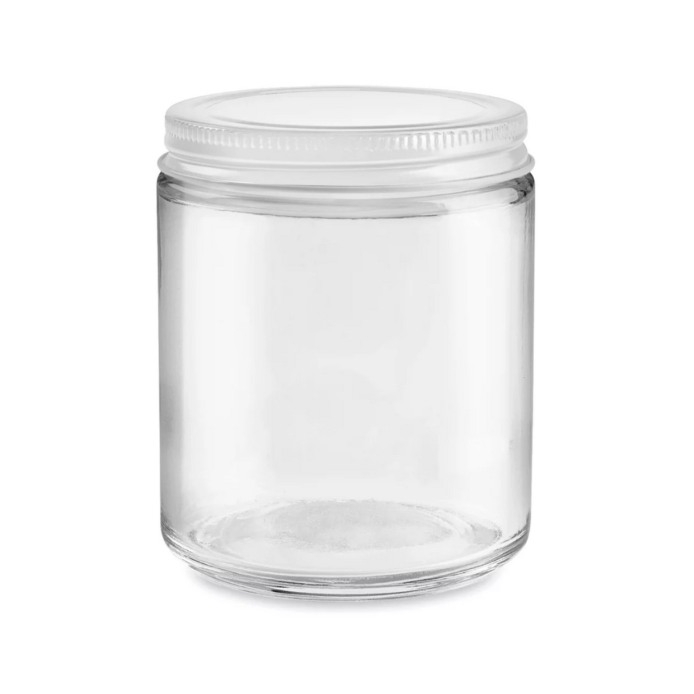 picture of a 8oz glass jar with white lid